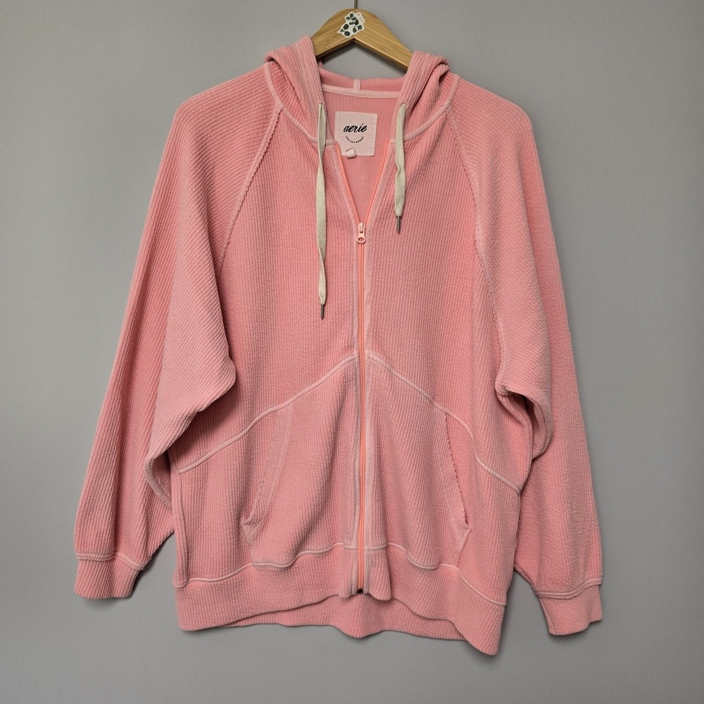 Aerie Wonder Full Zip Hoodie Sweatshirt Size L Pink Oversized Pockets Textured - Picture 4 of 11